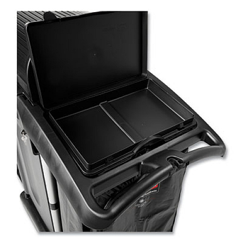 Rubbermaid Commercial Executive High Security Janitorial Cleaning Cart, Plastic, 4 Shelves, 1 Bin, 23.1" x 39.6" x 27.5", Black (1861427)