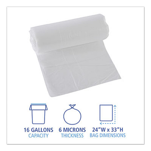 Boardwalk High-Density Can Liners, 16 gal, 6 mic, 24" x 33", Natural, Perforated Roll, 50 Bags/Roll, 20 Rolls/Carton (243306)