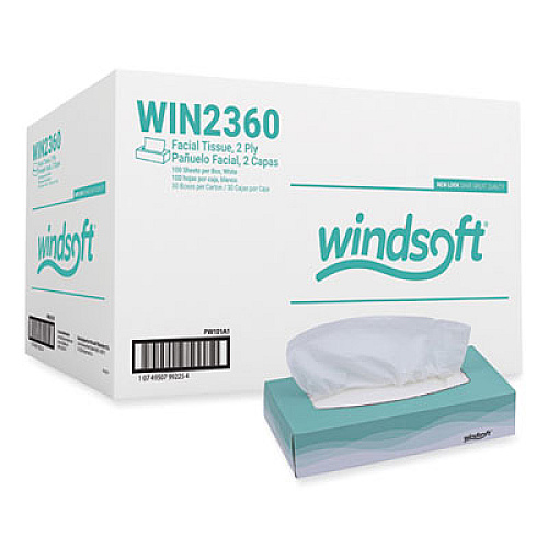 Windsoft Facial Tissue, Flat Pop-Up Box, 2-Ply, White, 100 Sheets/Box, 30 Boxes/Carton (2360)