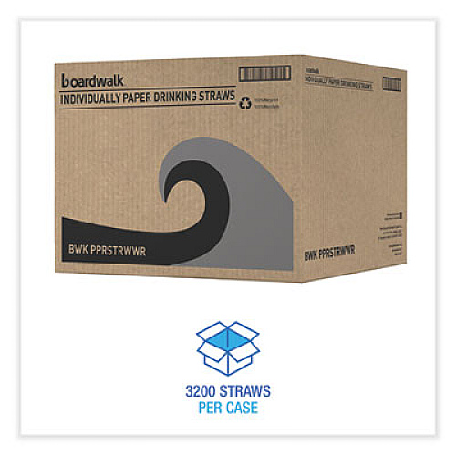 Boardwalk Individually Wrapped Paper Straws, 7.75 x 0.25, White, 3,200/Carton (PPRSTRWWR)