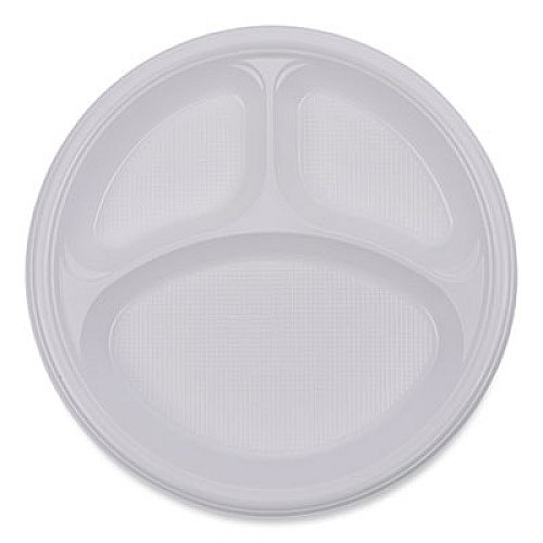 Boardwalk Hi-Impact Plastic Dinnerware, 3-Compartment Plate, 10" dia, White, 500/Carton (PLTHIPS10WH3)