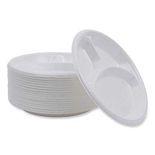 Boardwalk Hi-Impact Plastic Dinnerware, 3-Compartment Plate, 10" dia, White, 500/Carton (PLTHIPS10WH3)
