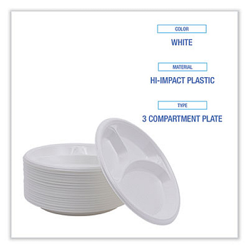 Boardwalk Hi-Impact Plastic Dinnerware, 3-Compartment Plate, 10" dia, White, 500/Carton (PLTHIPS10WH3)