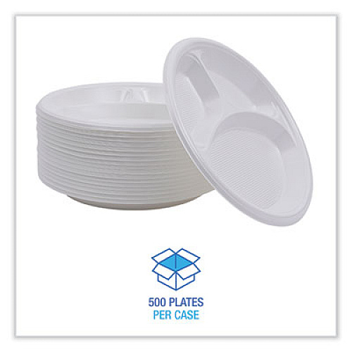 Boardwalk Hi-Impact Plastic Dinnerware, 3-Compartment Plate, 10" dia, White, 500/Carton (PLTHIPS10WH3)