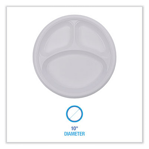 Boardwalk Hi-Impact Plastic Dinnerware, 3-Compartment Plate, 10" dia, White, 500/Carton (PLTHIPS10WH3)