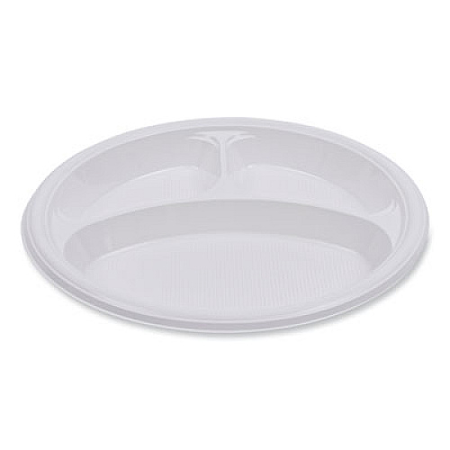 Boardwalk Hi-Impact Plastic Dinnerware, 3-Compartment Plate, 10" dia, White, 500/Carton (PLTHIPS10WH3)