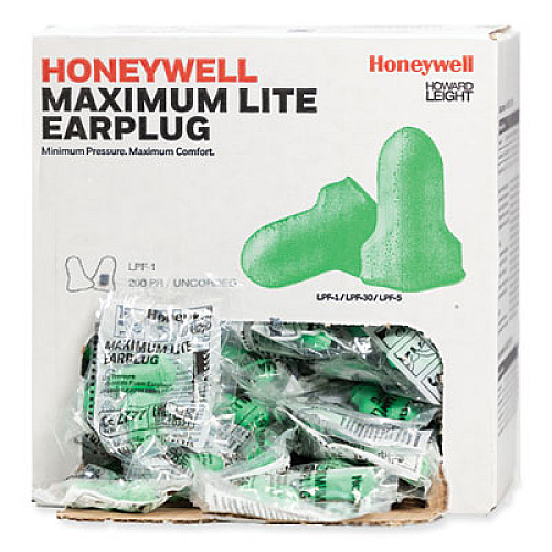 Howard Leight by Honeywell MAXIMUM Lite Single-Use Earplugs, Cordless, 30NRR, Green, 200 Pairs (LPF1)