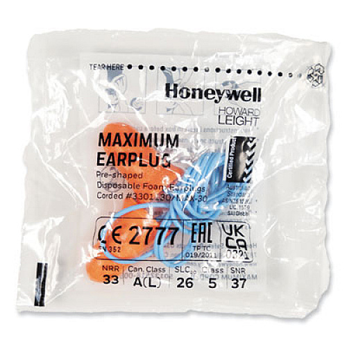 Howard Leight by Honeywell MAXIMUM Single-Use Earplugs, Corded, 33NRR, Coral, 100 Pairs (MXM30)