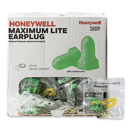 Howard Leight by Honeywell MAXIMUM Lite Single-Use Earplugs, Corded, 30NRR, Green, 100 Pairs (LPF30)
