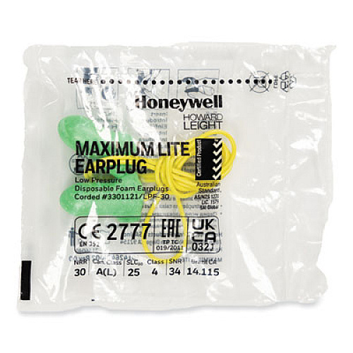 Howard Leight by Honeywell MAXIMUM Lite Single-Use Earplugs, Corded, 30NRR, Green, 100 Pairs (LPF30)
