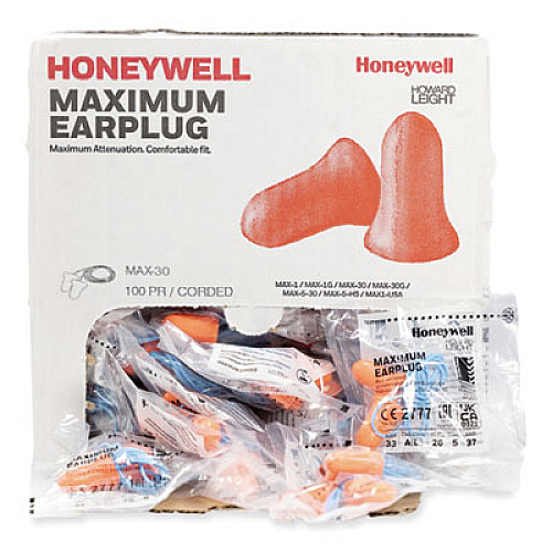 Howard Leight by Honeywell MAXIMUM Single-Use Earplugs, Corded, 33NRR, Coral, 100 Pairs (MXM30)
