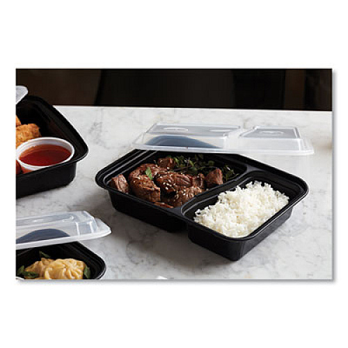 Pactiv Evergreen Newspring VERSAtainer Microwavable Containers, Rectangular, 2 Compartments, 30 oz, Black/Clear, Plastic, 150/Carton (NC8288B)