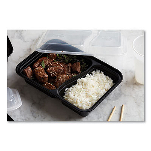 Pactiv Evergreen Newspring VERSAtainer Microwavable Containers, Rectangular, 2 Compartments, 30 oz, Black/Clear, Plastic, 150/Carton (NC8288B)