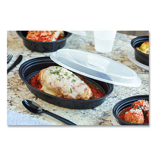Pactiv Evergreen Newspring VERSAtainer Microwavable Containers, Oval, 24 oz, 9.1 x 6.7 x 1.45, Black/Clear, Plastic, 150/Carton (OC24B)