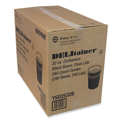 Pactiv Evergreen Newspring DELItainer Microwavable Container, 32 oz, 4.55 x 4.55 x 5.55, Black/Clear, Plastic, 240/Carton (YSD2532B)