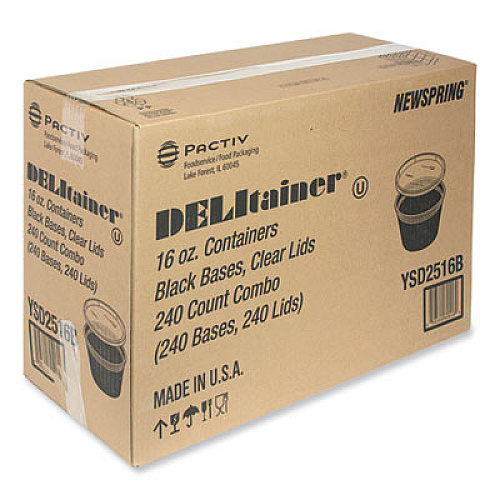 Pactiv Evergreen Newspring DELItainer Microwavable Container, 16 oz, 4.7 x 4.7 x 3.1, Black/Clear, Plastic, 240/Carton (YSD2516B)