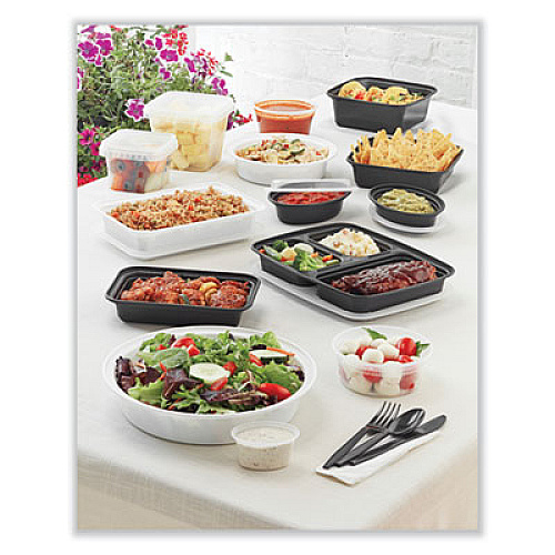 Pactiv Evergreen Newspring VERSAtainer Microwavable Containers, Round, 3 Compartment, 39 oz, 9.5 x 9.5 x 2.3, Black/Clear, Plastic, 150/Carton (NC9388B)