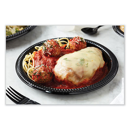 Pactiv Evergreen Meadoware Impact Plastic Dinnerware, Plate, 8.9" dia, Black, 400/Carton (YMI9E)