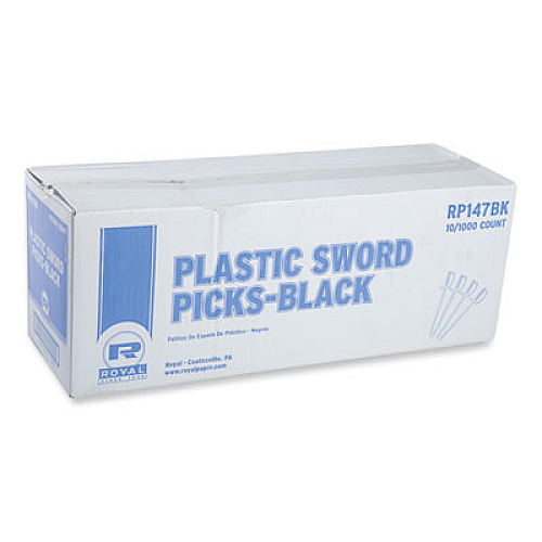 AmerCareRoyal Sword Picks, Plastic, 6", Black, 1,000/Box, 10 Boxes/Carton (RP147BK)