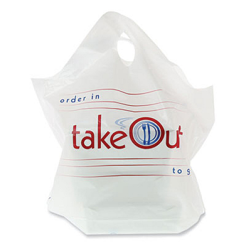 AmerCareRoyal Wave Top To-Go Bags, Take-Out Labeling, Cut-Out Handles, 19" x 9.5" x 19", White/Blue/Red, 500/Carton (RPWB1919)