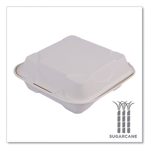 Eco-Products Molded Fiber Hinged Clamshell Containers, 8 x 8 x 3, White, Sugarcane, 200/Carton (EPHC81)