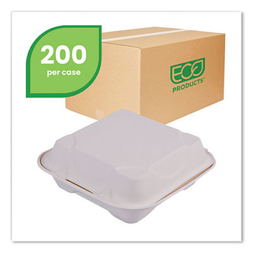 Eco-Products Molded Fiber Hinged Clamshell Containers, 8 x 8 x 3, White, Sugarcane, 200/Carton (EPHC81)