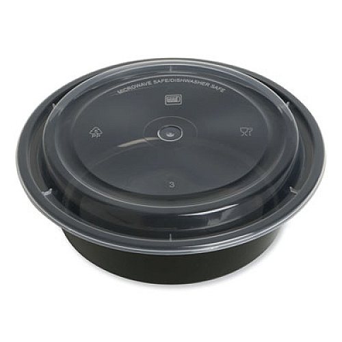 GEN Microwavable Food Container with Lid, Round, 32 oz, 7.28 x 7.28 x 2.55, Black/Clear, Plastic, 150/Carton (TORND32)