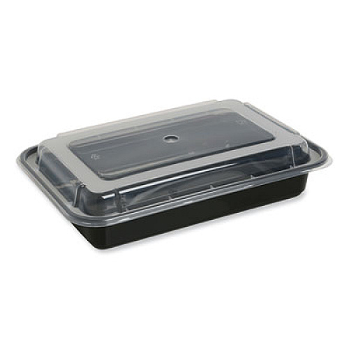 GEN Microwavable Food Container with Lid, Rectangular, 28 oz, 8.81 x 6.02 x 2.04, Black/Clear, Plastic, 150/Carton (TORECT28)