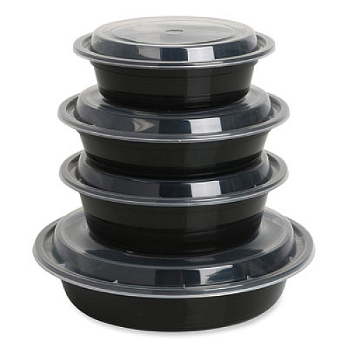 GEN Microwavable Food Container with Lid, Round, 48 oz, 8.85 x 8.85 x 2.24, Black/Clear, Plastic, 150/Carton (TORND48)
