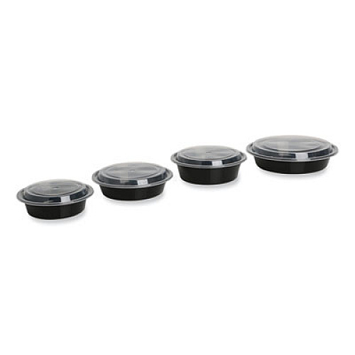 GEN Microwavable Food Container with Lid, Round, 48 oz, 8.85 x 8.85 x 2.24, Black/Clear, Plastic, 150/Carton (TORND48)