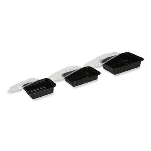 GEN Microwavable Food Container with Lid, Rectangular, 28 oz, 8.81 x 6.02 x 2.04, Black/Clear, Plastic, 150/Carton (TORECT28)