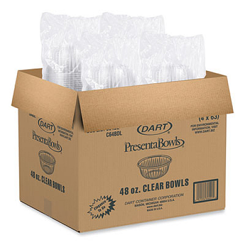 Dart PresentaBowls Clear Bowls, 48 oz, Plastic, 63/Bag, 252/Carton (C48B)