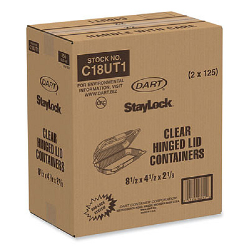 Dart StayLock Clear Hinged Lid Containers, 4.5" x 8.5" x 2.1", Clear, Plastic, 250/Carton (C18UT1)