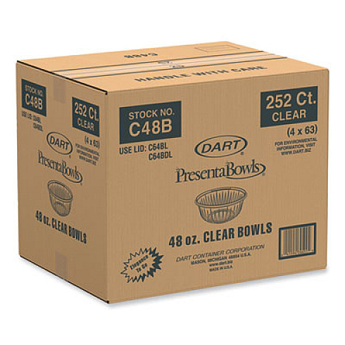 Dart PresentaBowls Clear Bowls, 48 oz, Plastic, 63/Bag, 252/Carton (C48B)