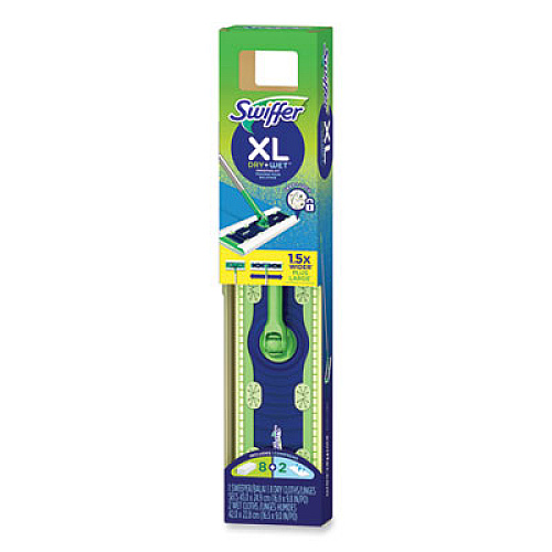 Swiffer Sweeper Mop, XL Dry + Wet Sweeping Kit, 16.5 x 9 White Cloth Head, 46" Green/Silver Aluminum/Plastic Handle (01096)