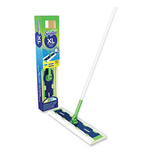 Swiffer Sweeper Mop, XL Dry + Wet Sweeping Kit, 16.5 x 9 White Cloth Head, 46" Green/Silver Aluminum/Plastic Handle (01096)