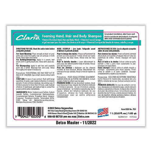 Betco Foaming Hand, Hair and Body Shampoo, Fresh Scent, 1,000 mL, 6/Carton (7532900)