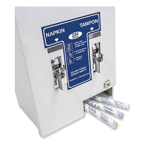 HOSPECO Dual Channel Sanitary Napkin/Tampon Vendor, 25 Cent Coin Mechanism, 11.13 x 7.63 x 26.38, White/Blue (125)