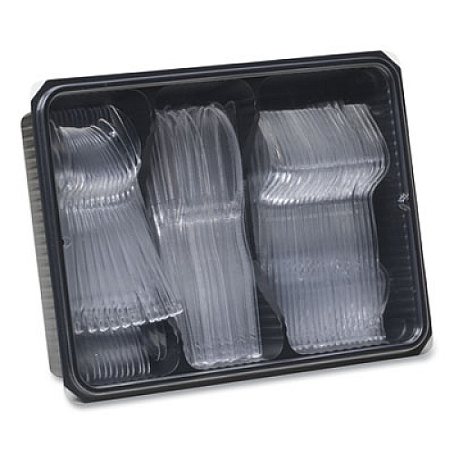 Dixie Cutlery Keeper Tray with Clear Plastic Utensils, Heavyweight, Fork/Knife/Spoon, Plastic, Crystal Clear, 180/Pack (CH0180DX7)
