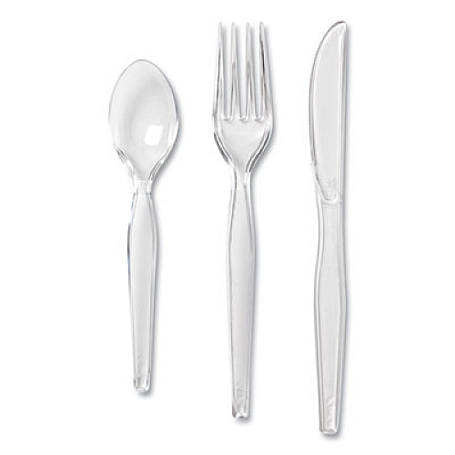 Dixie Cutlery Keeper Tray with Clear Plastic Utensils, Heavyweight, Fork/Knife/Spoon, Plastic, Crystal Clear, 180/Pack (CH0180DX7)