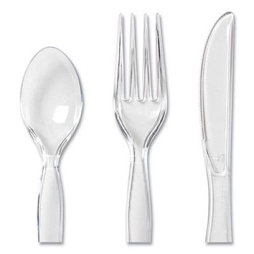 Dixie Cutlery Keeper Tray with Clear Plastic Utensils, Heavyweight, Fork/Knife/Spoon, Plastic, Crystal Clear, 180/Pack (CH0180DX7)