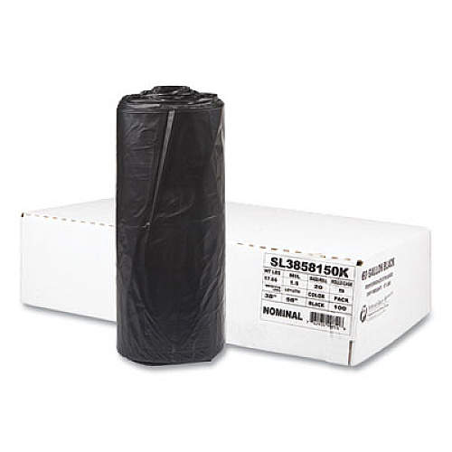 Inteplast Group Low-Density Commercial Can Liners, 60 gal, 1.5 mil, 38" x 58", Black, Interleaved Roll, 20 Bags/Roll, 5 Rolls/Carton (SL3858150K)