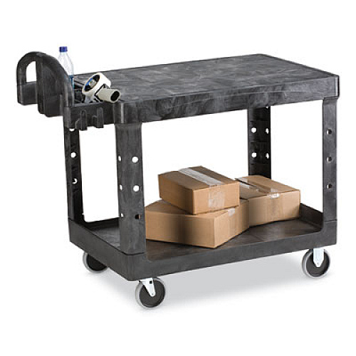 Rubbermaid Commercial Flat Shelf Utility Cart, Plastic, 2 Shelves, 500 lb Capacity, 25.25" x 44" x 38.13", Black (452500BK)