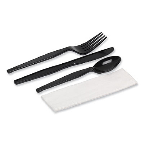 Dixie Individually Wrapped Heavyweight Cutlery Set, Fork/Knife/Napkin/Spoon, Plastic, Black, 250/Carton (CH56NC7)