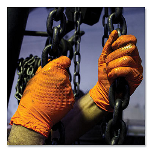 GloveWorks by AMMEX Heavy-Duty Industrial Nitrile Gloves, Powder-Free, Medium, 8 mil Thick, 9.5" Long, Orange, 100/Box (GWON44100)