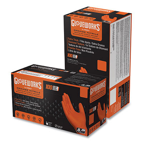 GloveWorks by AMMEX Heavy-Duty Industrial Nitrile Gloves, Powder-Free, Medium, 8 mil Thick, 9.5" Long, Orange, 100/Box (GWON44100)