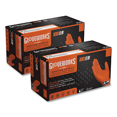 GloveWorks by AMMEX Heavy-Duty Industrial Nitrile Gloves, Powder-Free, Medium, 8 mil Thick, 9.5" Long, Orange, 100/Box (GWON44100)