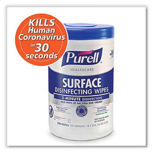 PURELL Healthcare Surface Disinfecting Wipes, 1-Ply, 7 x 10, Unscented, White, 110 Wipes/Canister, 6 Canisters/Carton (934006)