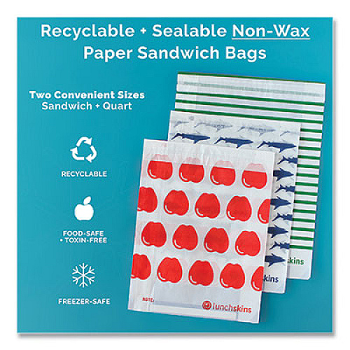 LUNCHSKINS Peel and Seal Sandwich Bag with Closure Strip, 6.3" x 2" x 7.9", Blue Sharks/White, 50/Box (854735005904)