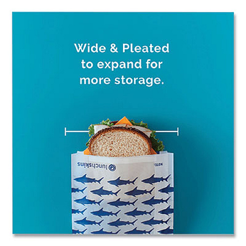 LUNCHSKINS Peel and Seal Sandwich Bag with Closure Strip, 6.3" x 2" x 7.9", Blue Sharks/White, 50/Box (854735005904)